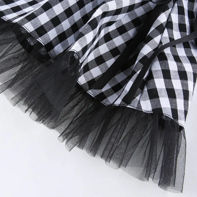 'Dropout' Black and White Alt Grunge Tulle Lace up Skirt