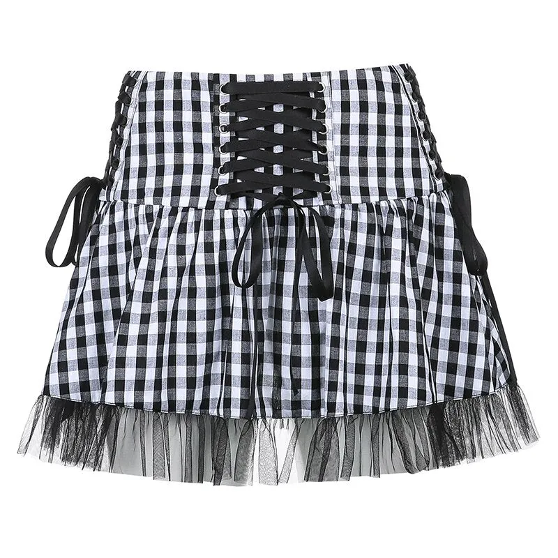 'Dropout' Black and White Alt Grunge Tulle Lace up Skirt