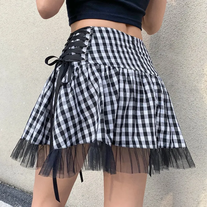 'Dropout' Black and White Alt Grunge Tulle Lace up Skirt