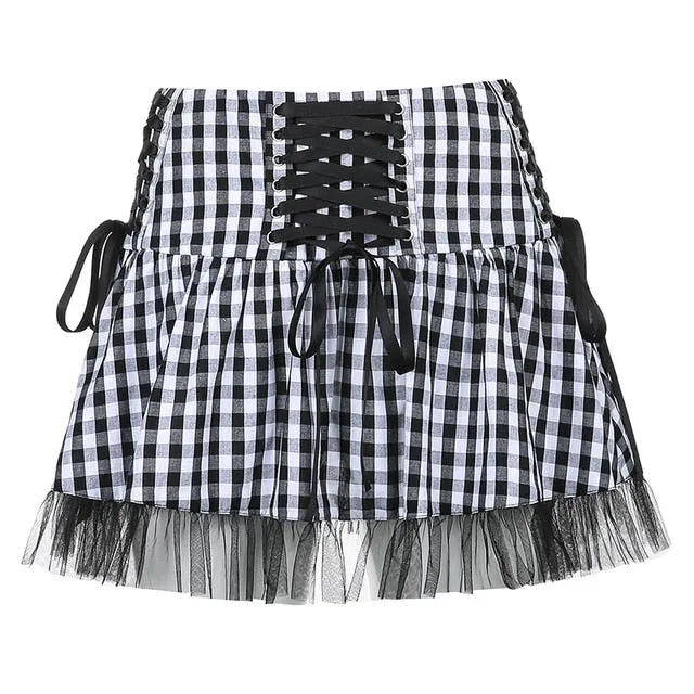 'Dropout' Black and White Alt Grunge Tulle Lace up Skirt