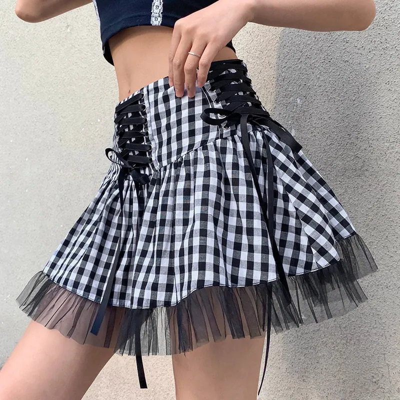 'Dropout' Black and White Alt Grunge Tulle Lace up Skirt