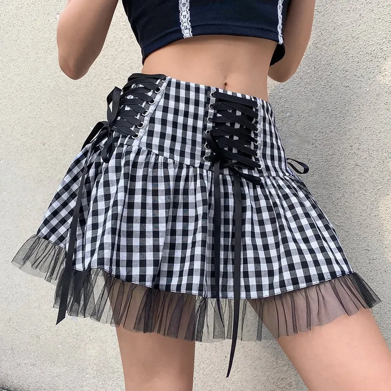 'Dropout' Black and White Alt Grunge Tulle Lace up Skirt