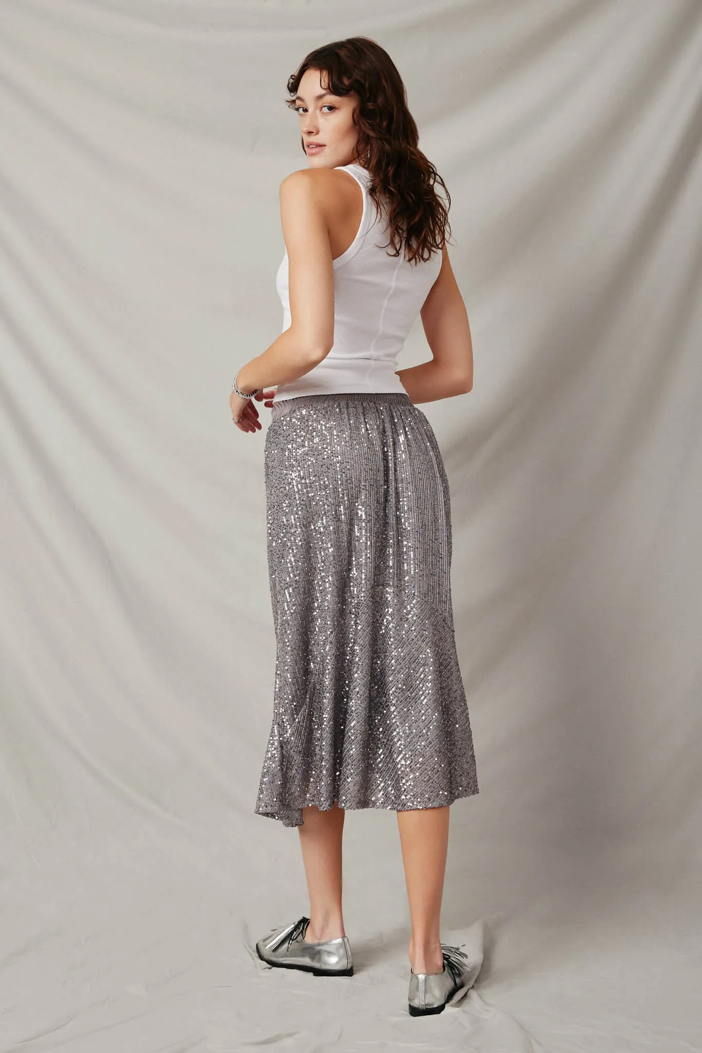 Elastic Waist Sequined Midi Skirt