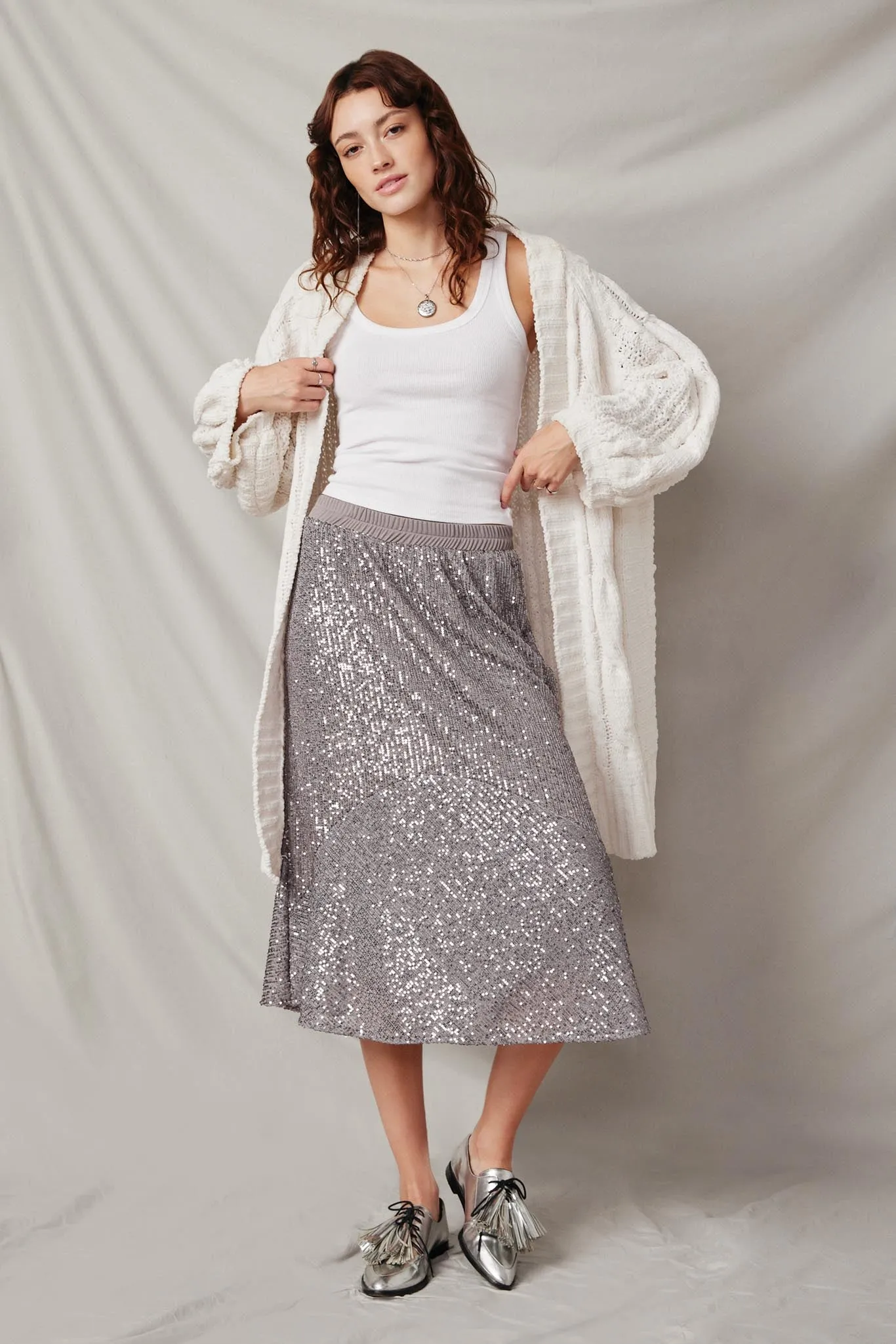 Elastic Waist Sequined Midi Skirt