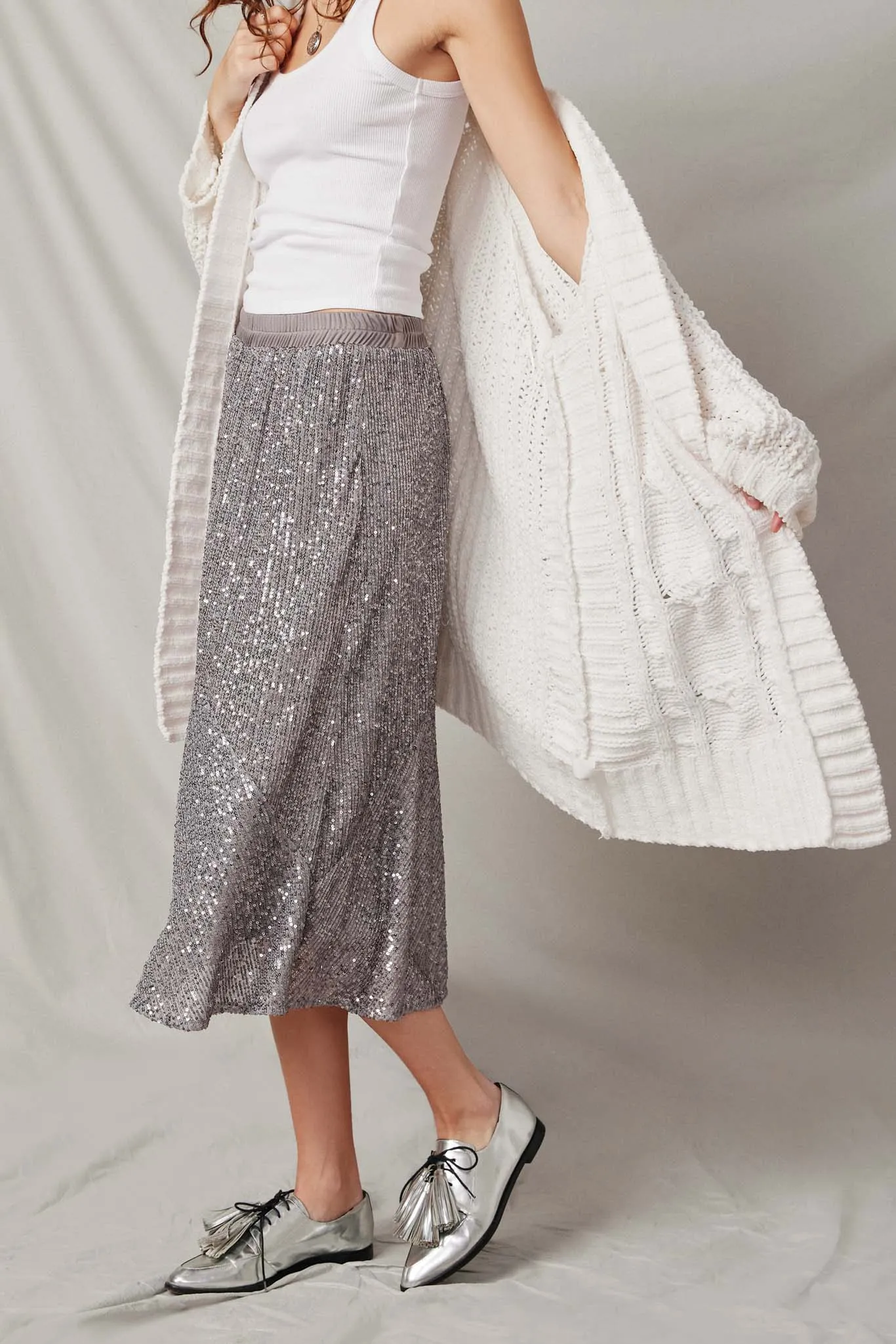 Elastic Waist Sequined Midi Skirt