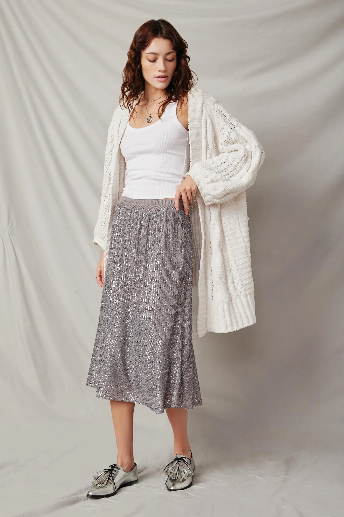 Elastic Waist Sequined Midi Skirt