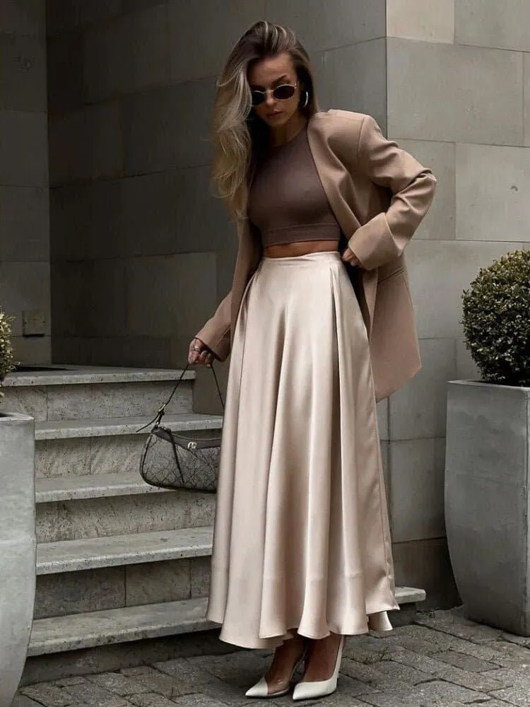 Elegant Satin Long Skirts with A-Line Silhouette & Empire Waist