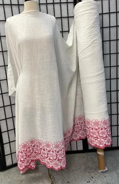 Embroidered Border & Textured Cotton - Ivory/Fuchsia