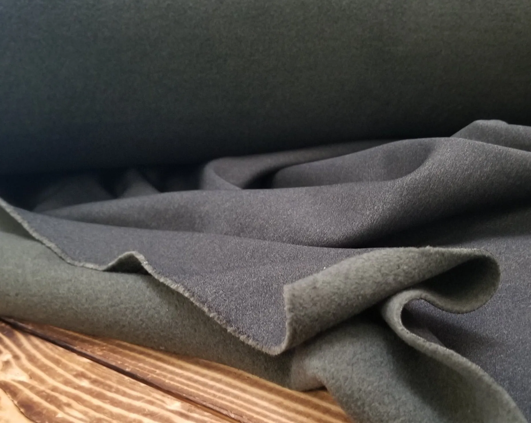 End of Bolt: 3 yards of Designer Deadstock Sweatshirt  Charcoal Shell Olive Reverse Fleece Knit- remnant