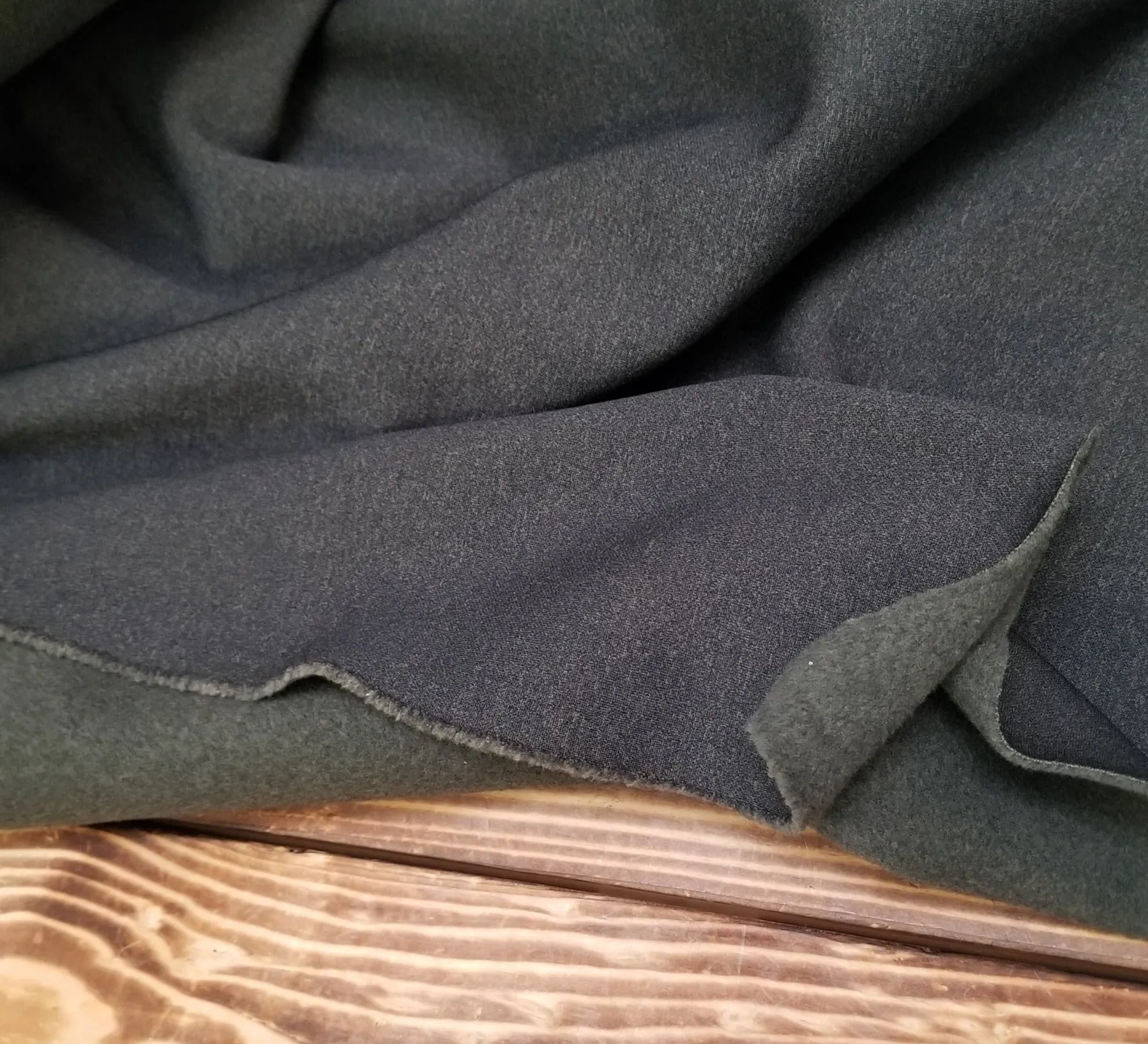 End of Bolt: 3 yards of Designer Deadstock Sweatshirt  Charcoal Shell Olive Reverse Fleece Knit- remnant