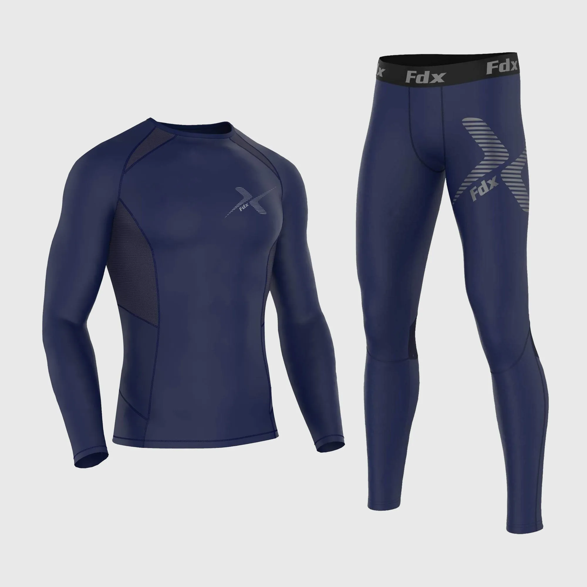 Fdx Men's & Boy's Set Recoil Navy Blue Compression Base Layer Top & Leggings