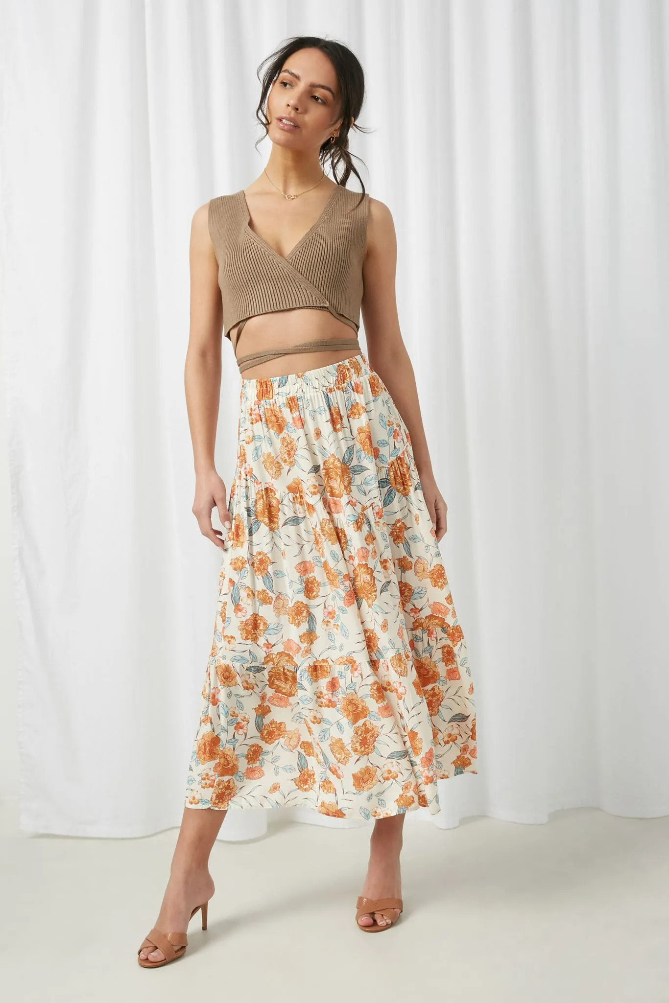 Floral Elastic Waist Midi Skirt