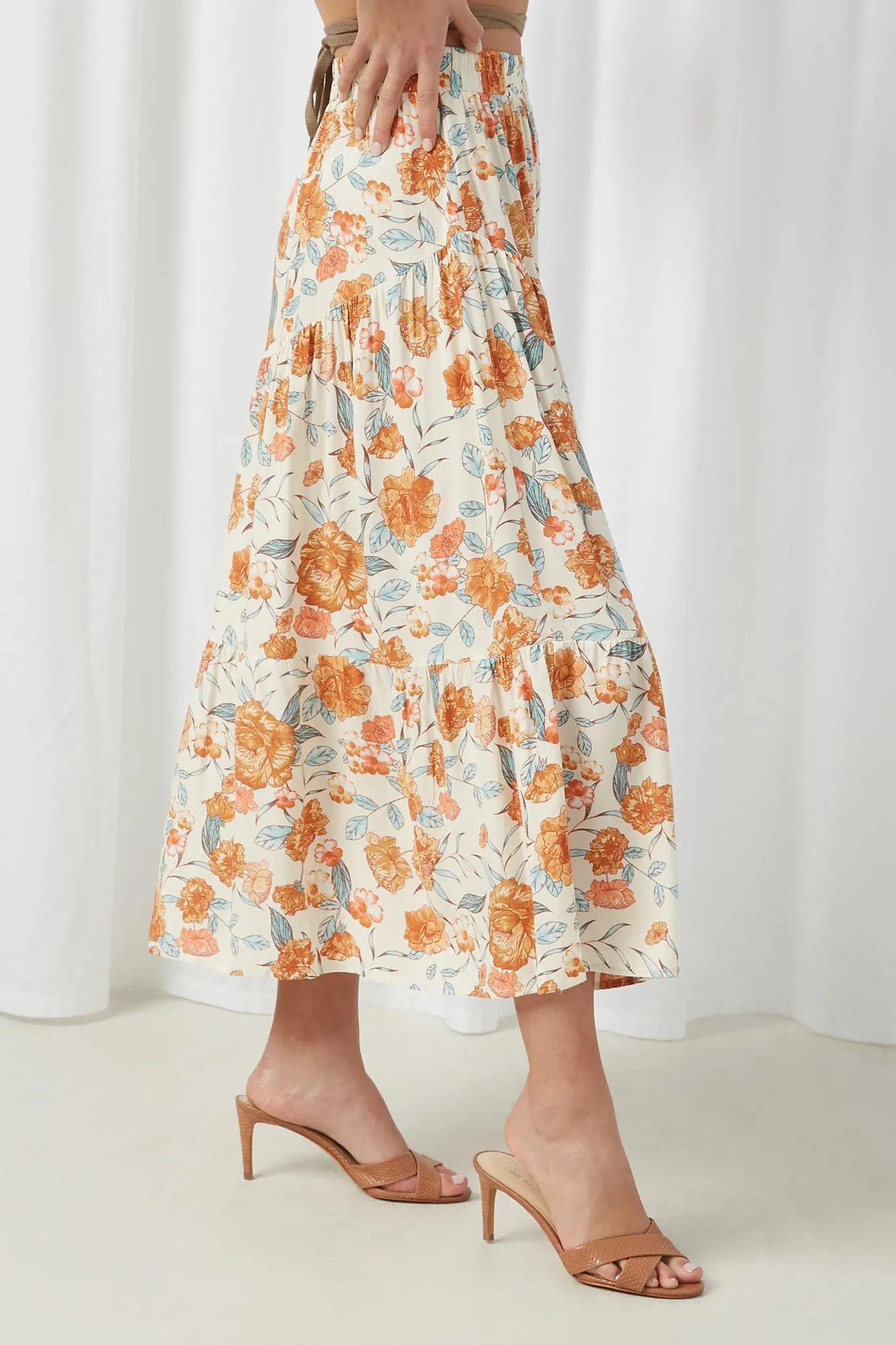 Floral Elastic Waist Midi Skirt