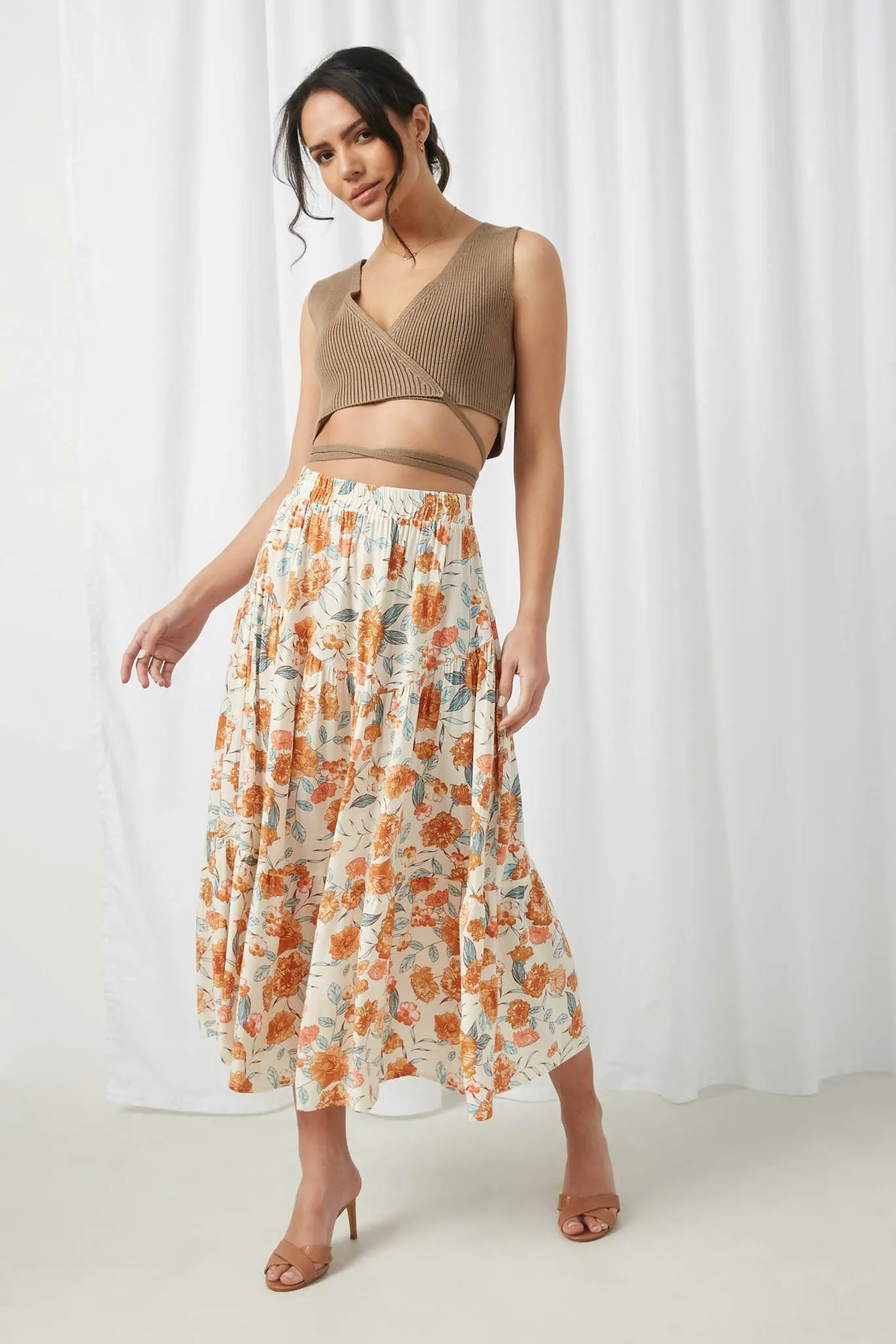 Floral Elastic Waist Midi Skirt