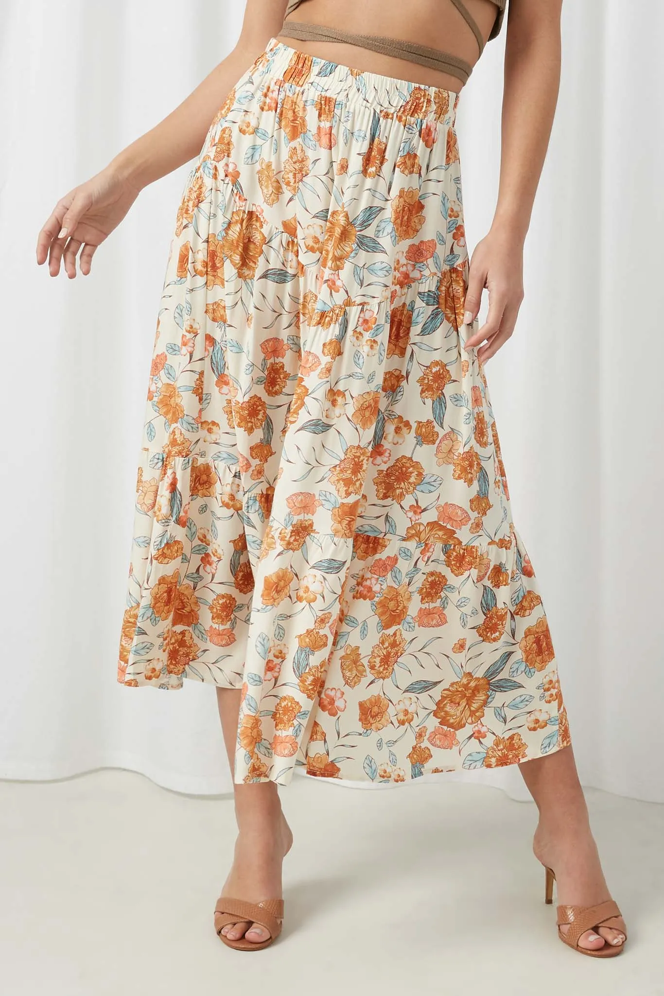 Floral Elastic Waist Midi Skirt