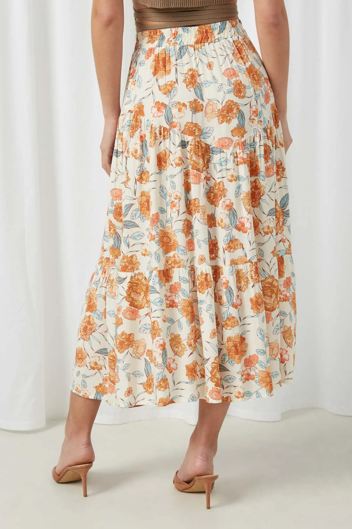 Floral Elastic Waist Midi Skirt