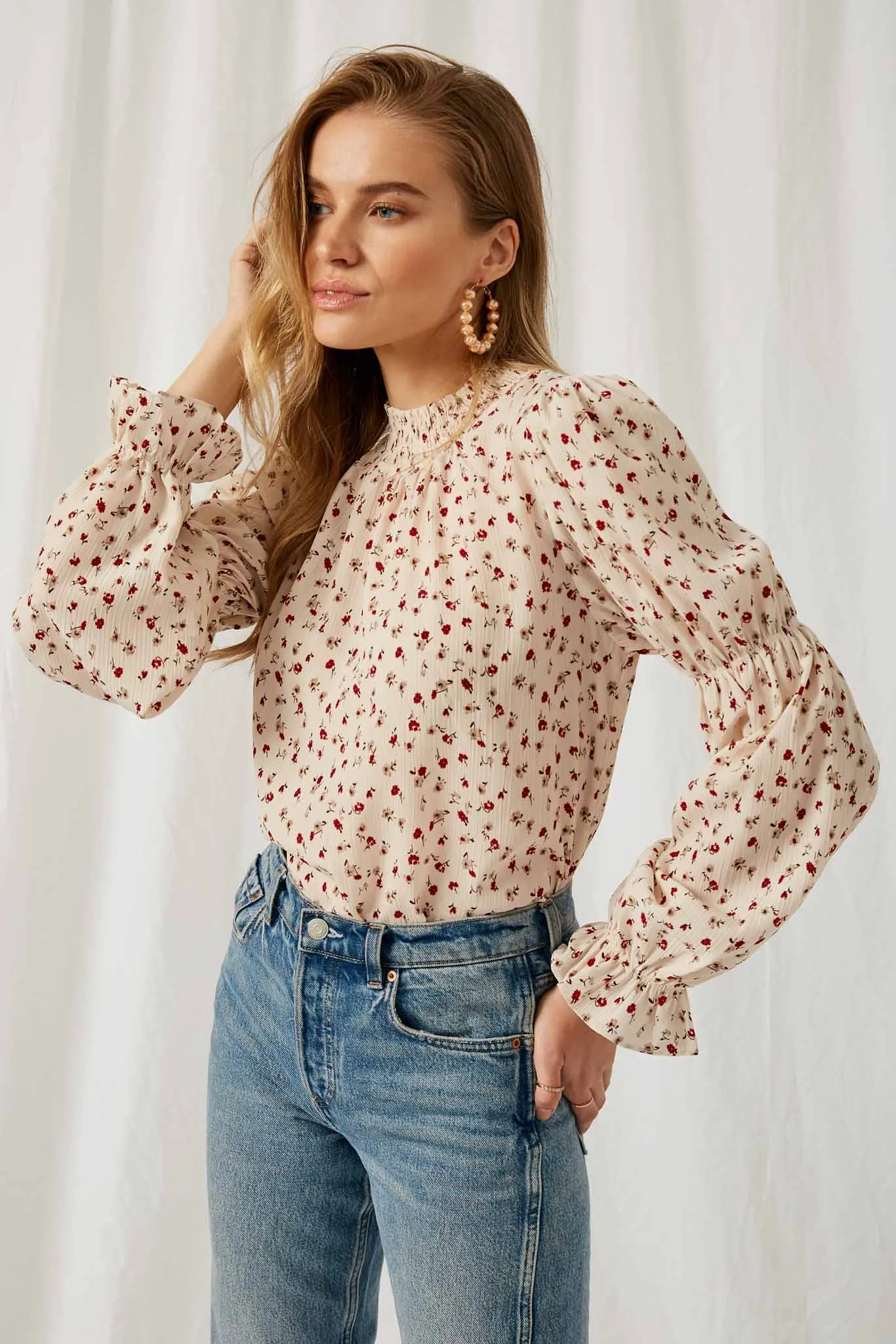 Floral High Smock Neck Blouse