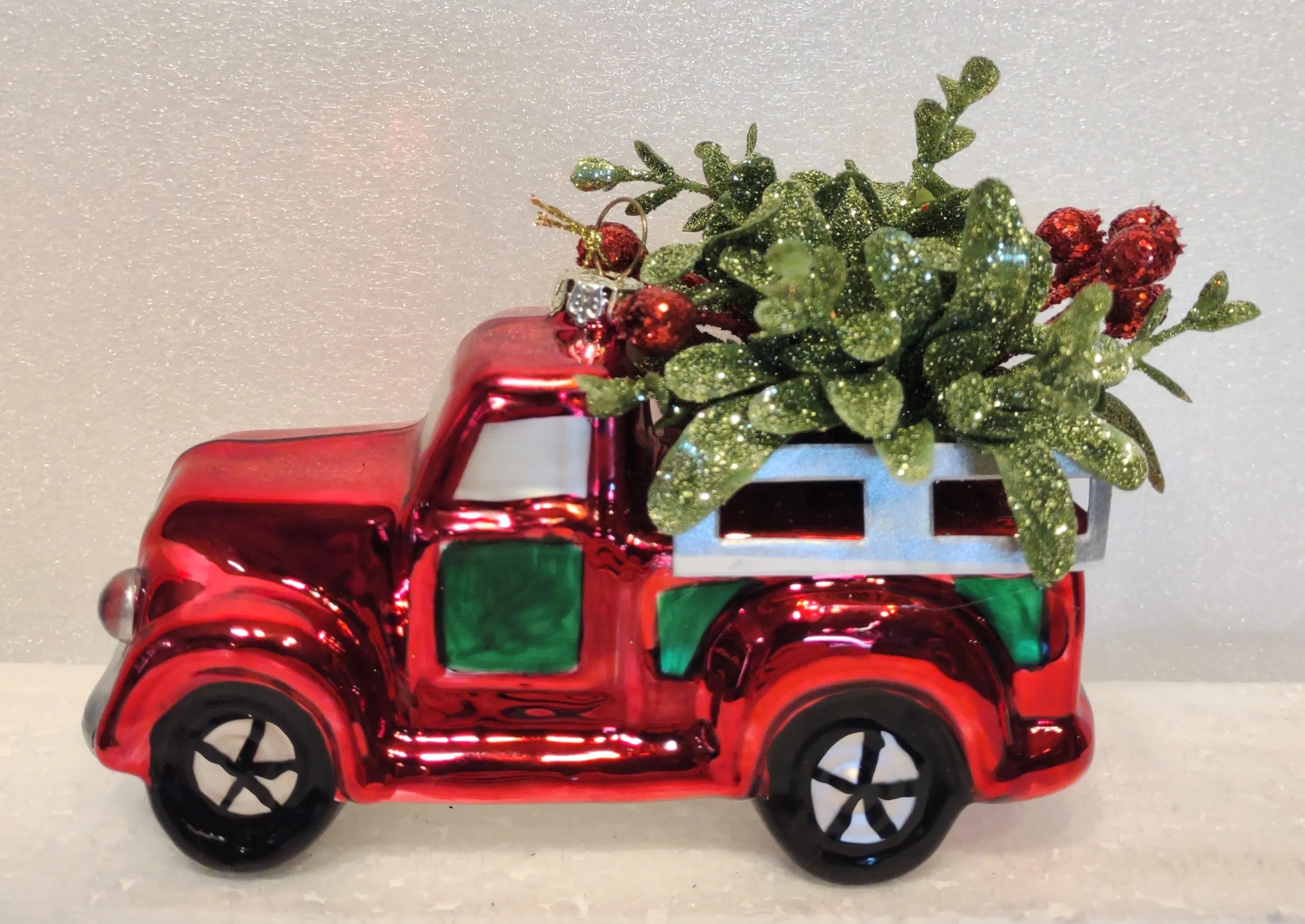 Glass Shiny Red Truck Ornament with Presents/Greenery & Red Berries Assorted