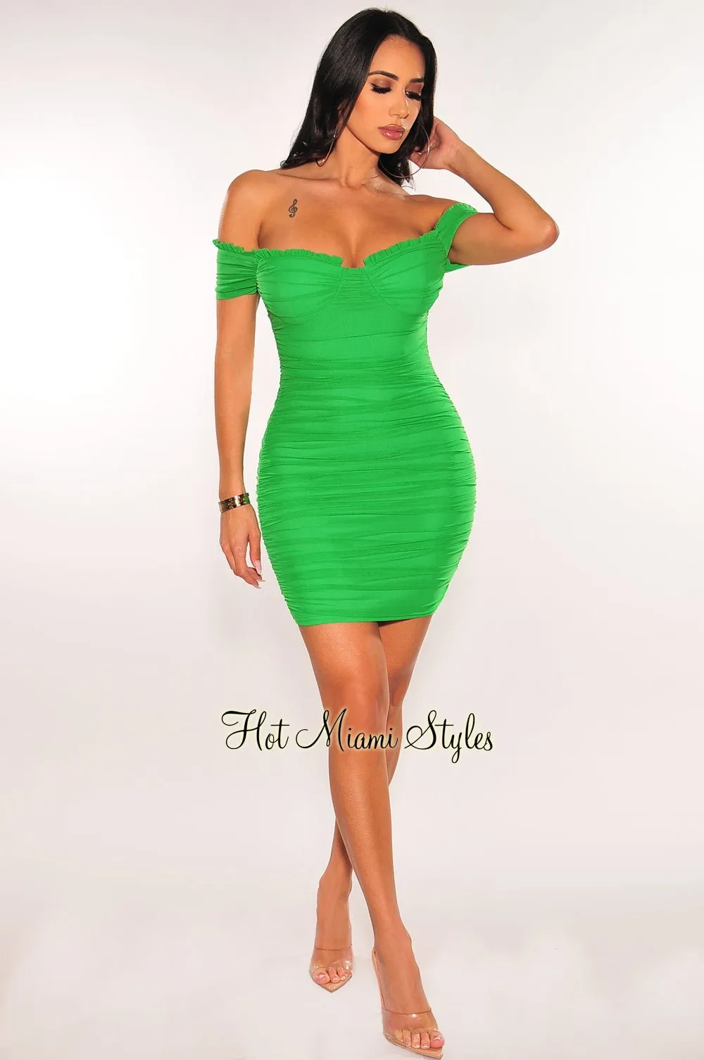 Green Mesh Padded Off Shoulder Ruched Dress