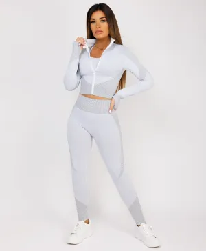 Grey Cropped Ribbed 3-Piece Activewear Set