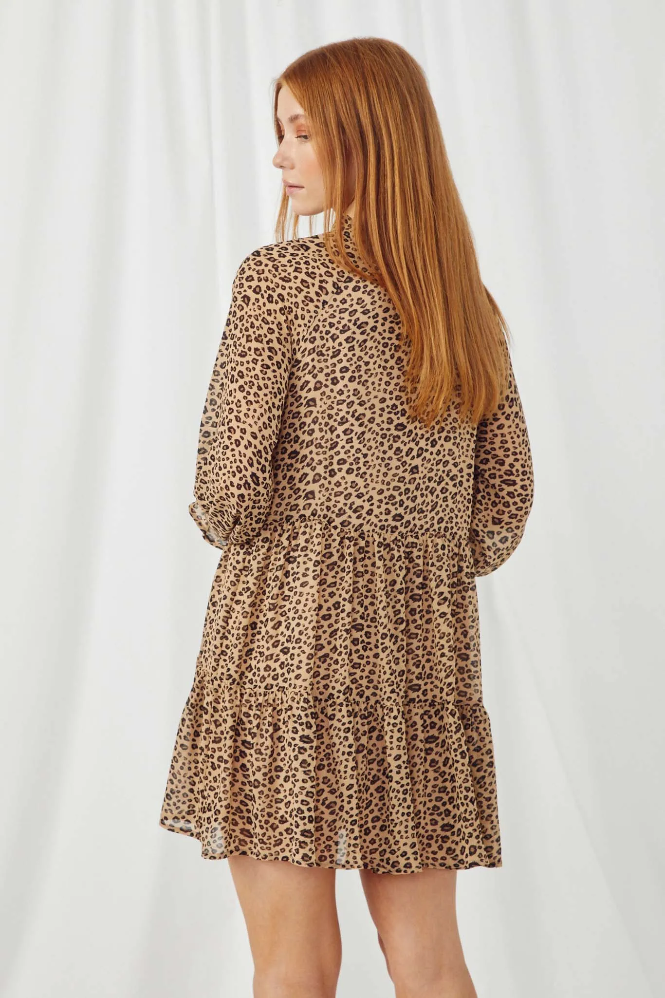 Leopard Print Tie Neck Ruffled Sleeve Dress