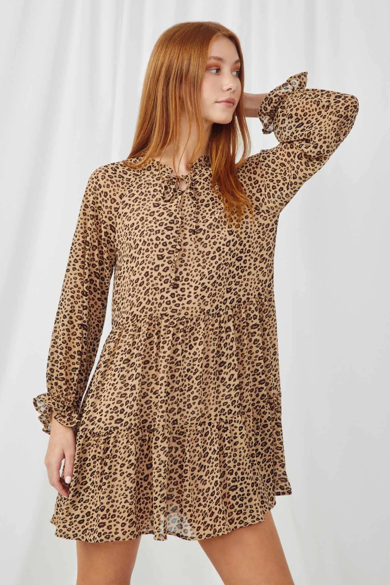 Leopard Print Tie Neck Ruffled Sleeve Dress