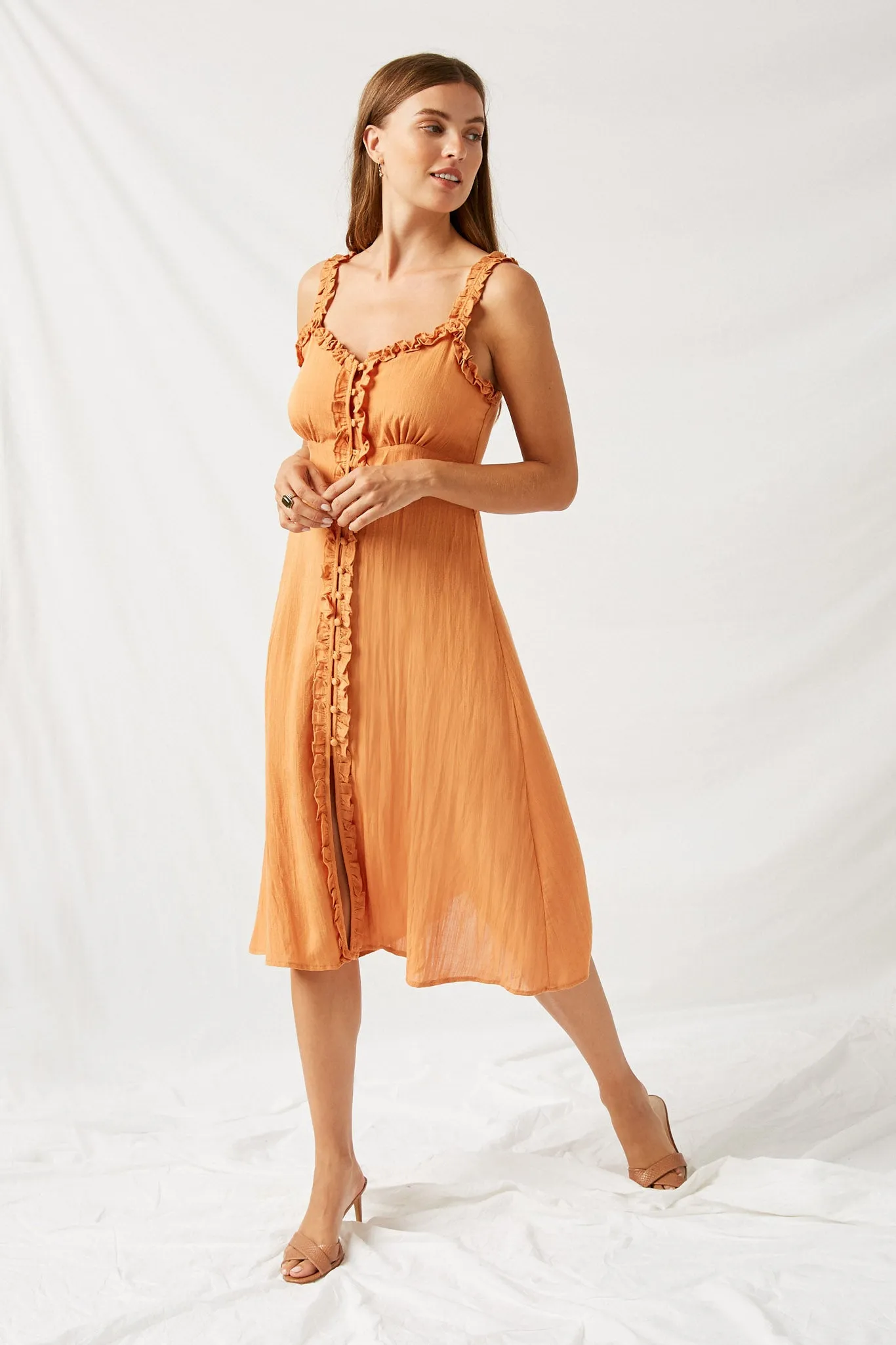 Linen Button-Down Ruffle Strap Midi Dress