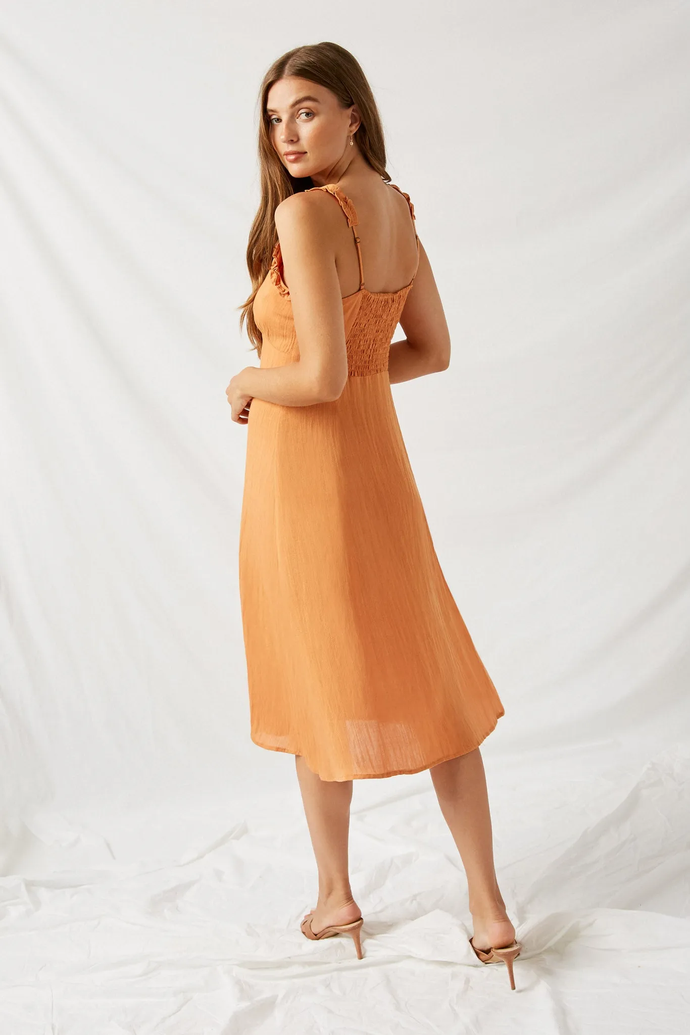 Linen Button-Down Ruffle Strap Midi Dress