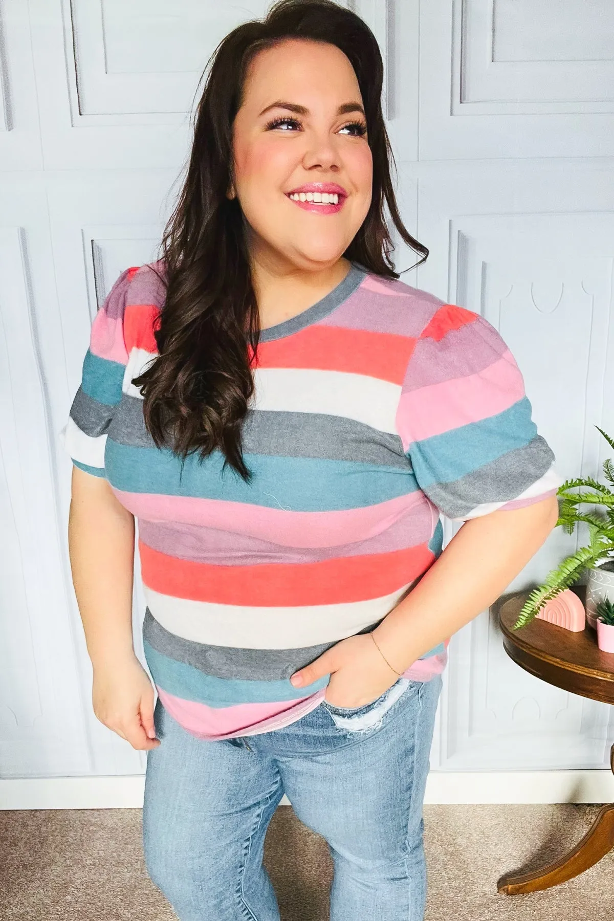 Look Out Teal & Rose Striped Hacci Knit Puff Sleeve Top