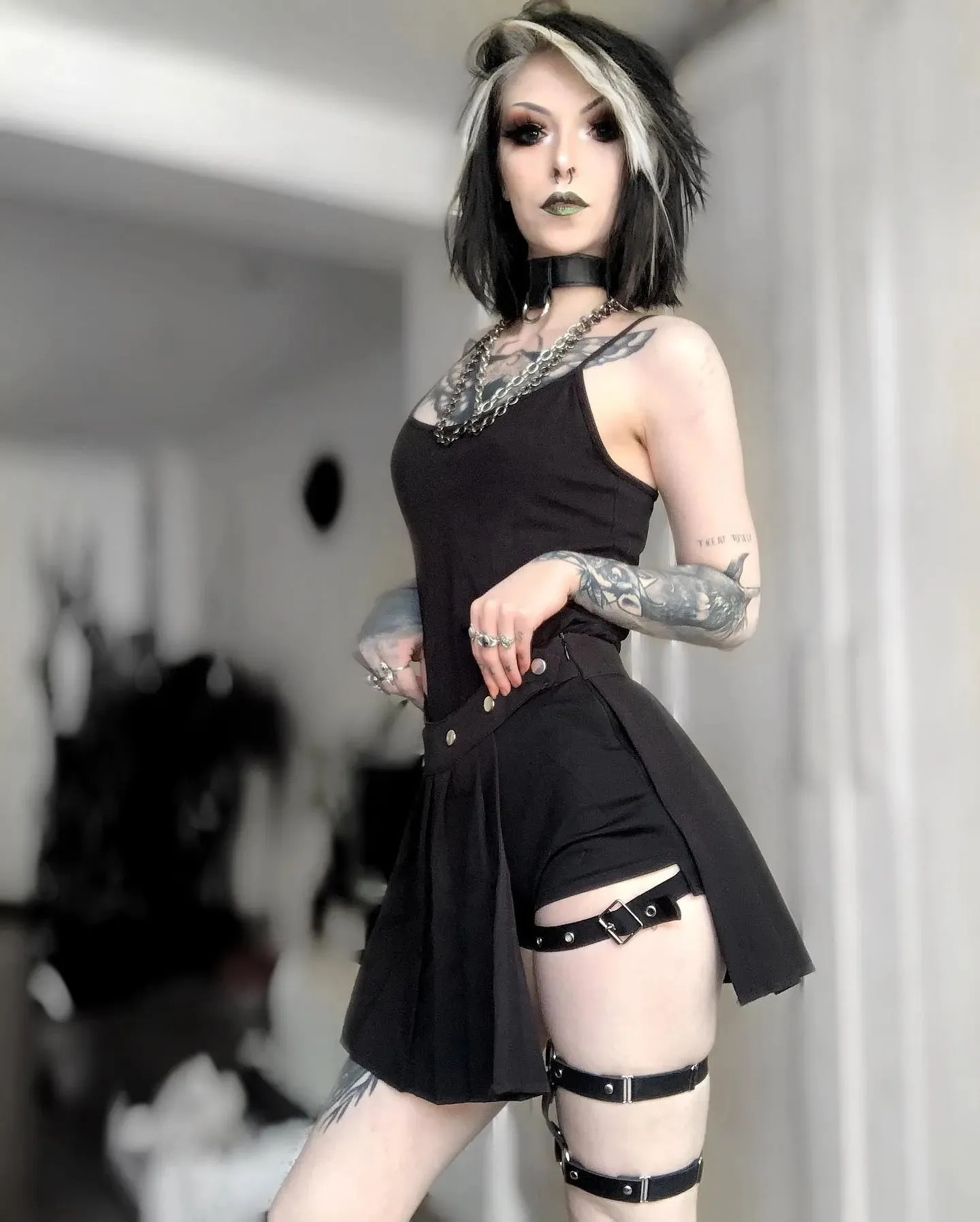 'Omen' Black Gothic Pleated Skirt with Shorts