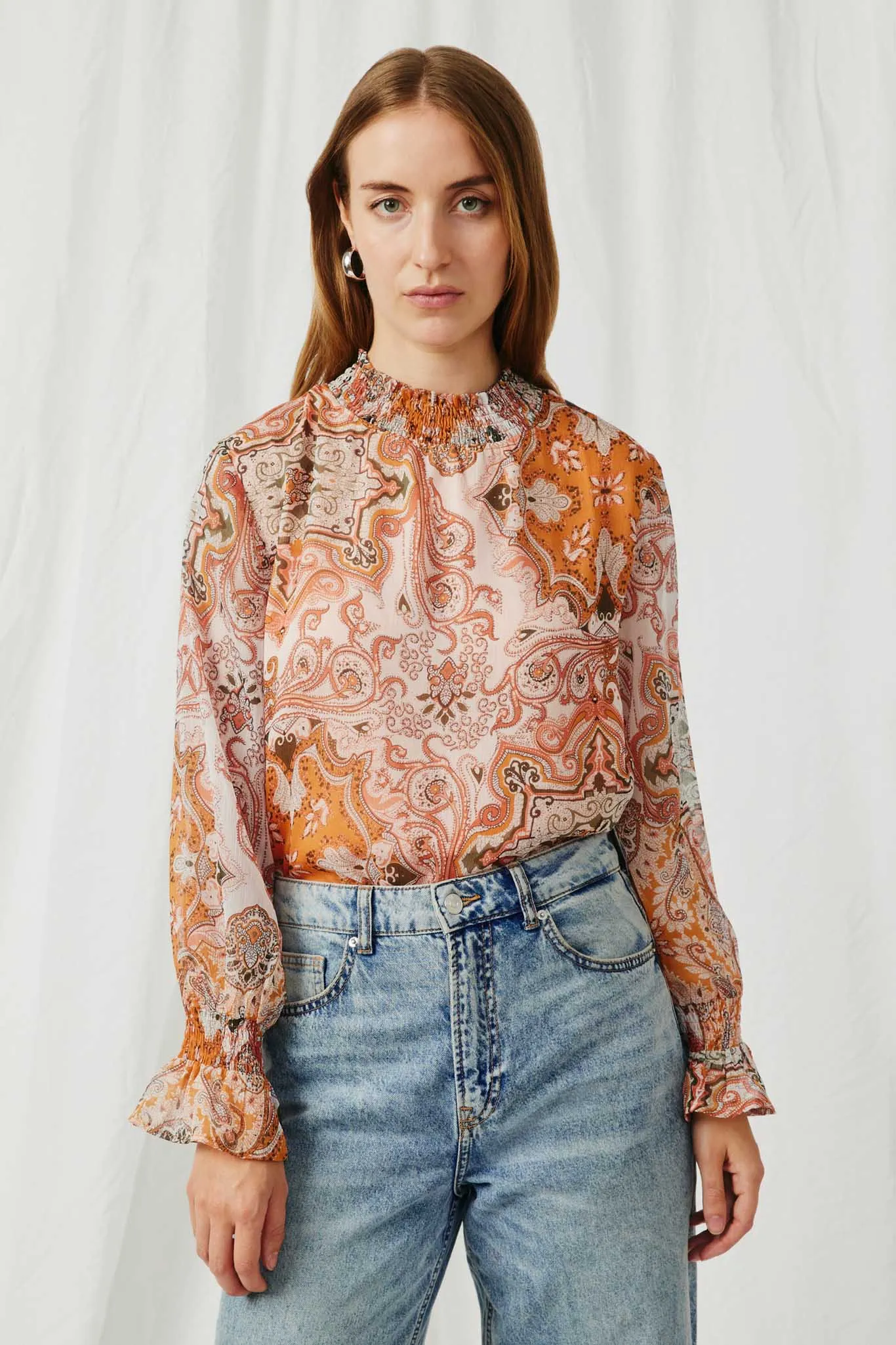 Paisley Print Smock Detail Chiffon Top