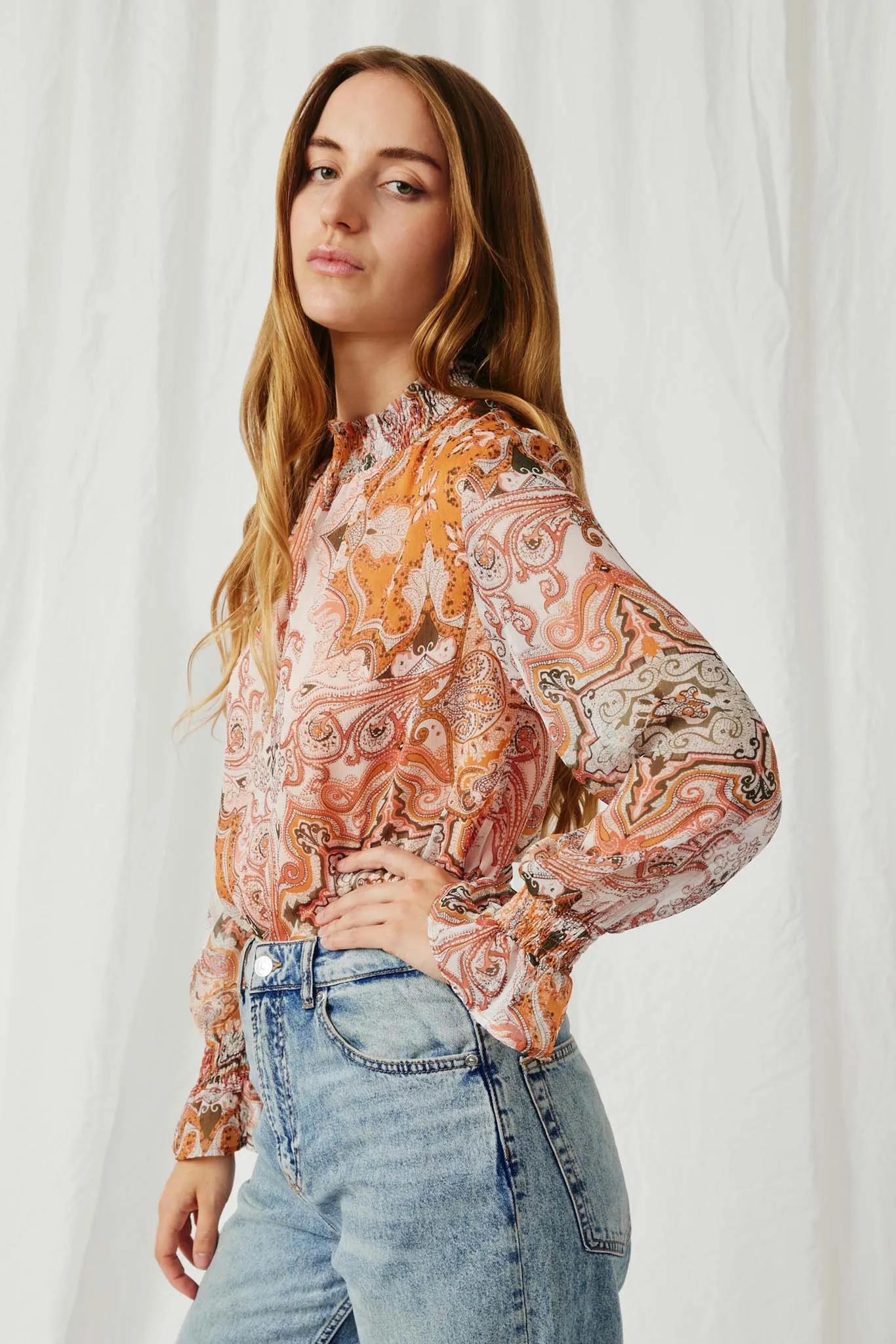 Paisley Print Smock Detail Chiffon Top