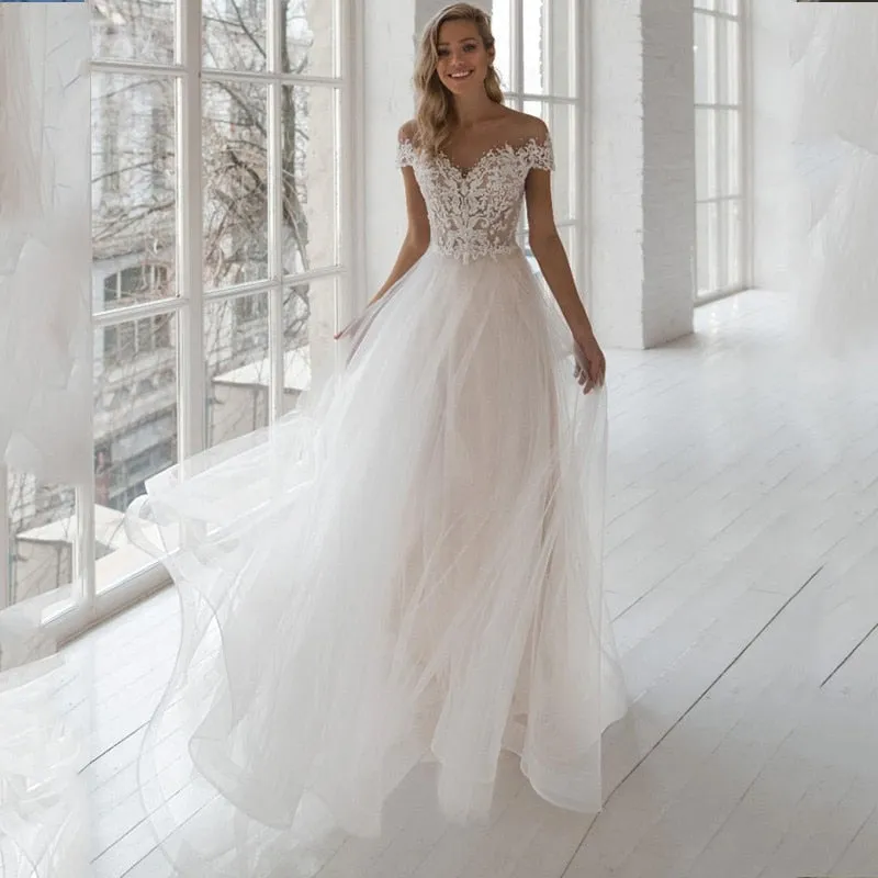 Pearl Beaded Lace Applique Tulle Bohemian A-line Wedding Dresses