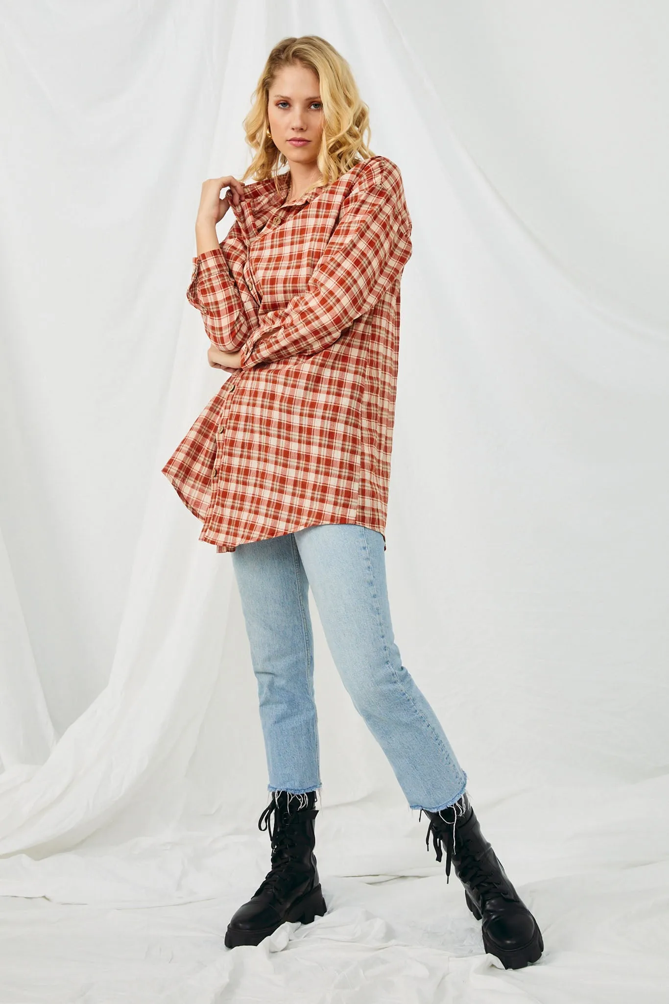 Plaid Oversize Pocket Button Up Long Sleeve Shirt