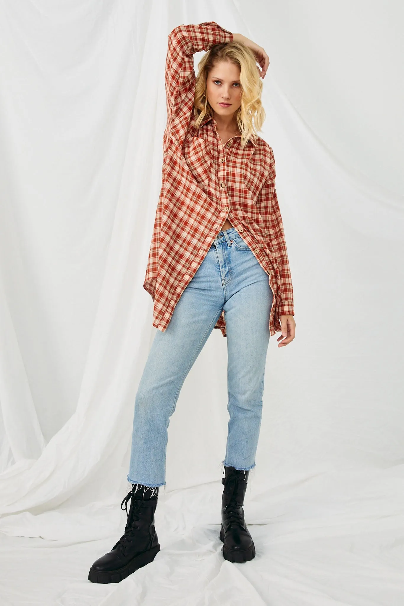 Plaid Oversize Pocket Button Up Long Sleeve Shirt