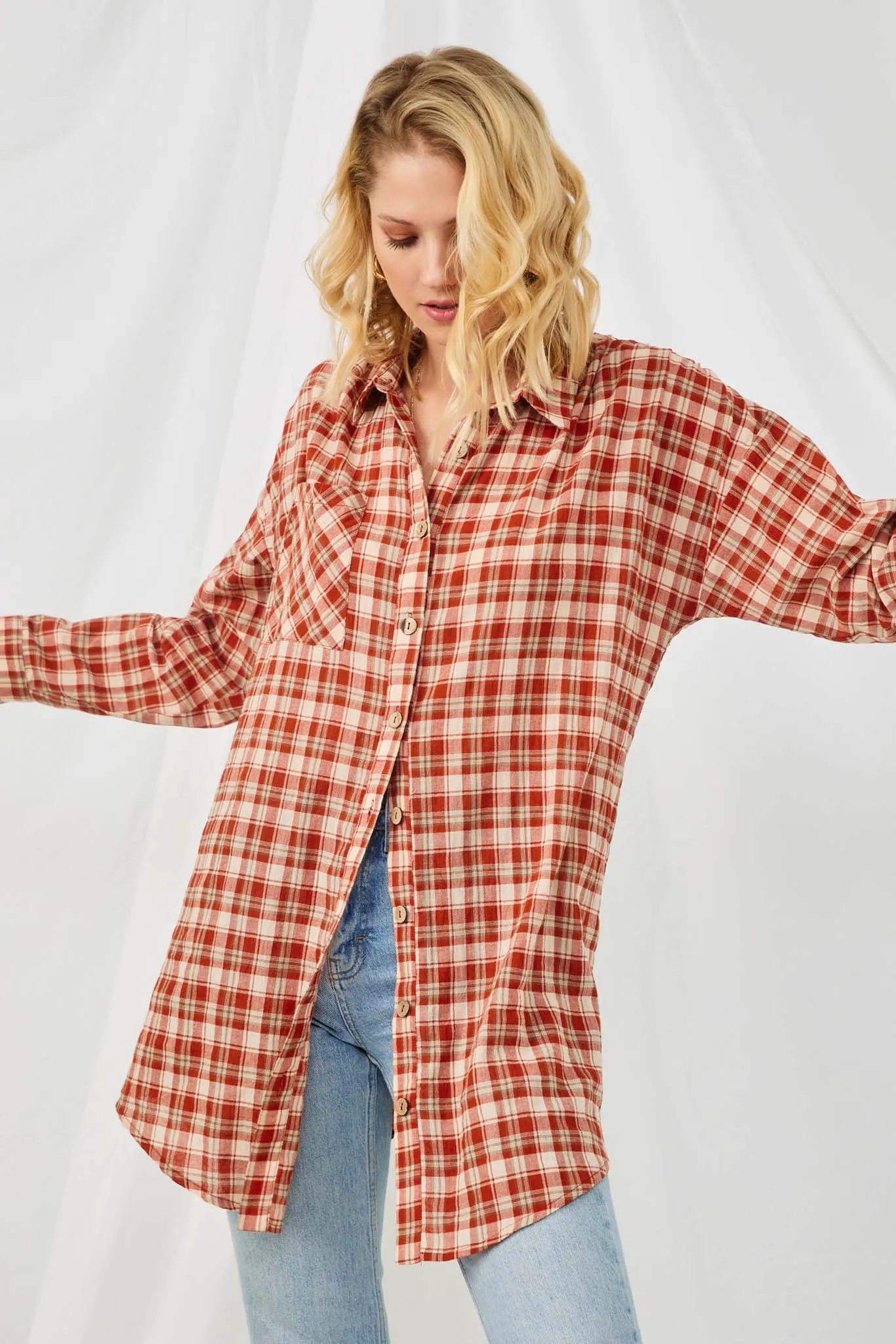 Plaid Oversize Pocket Button Up Long Sleeve Shirt