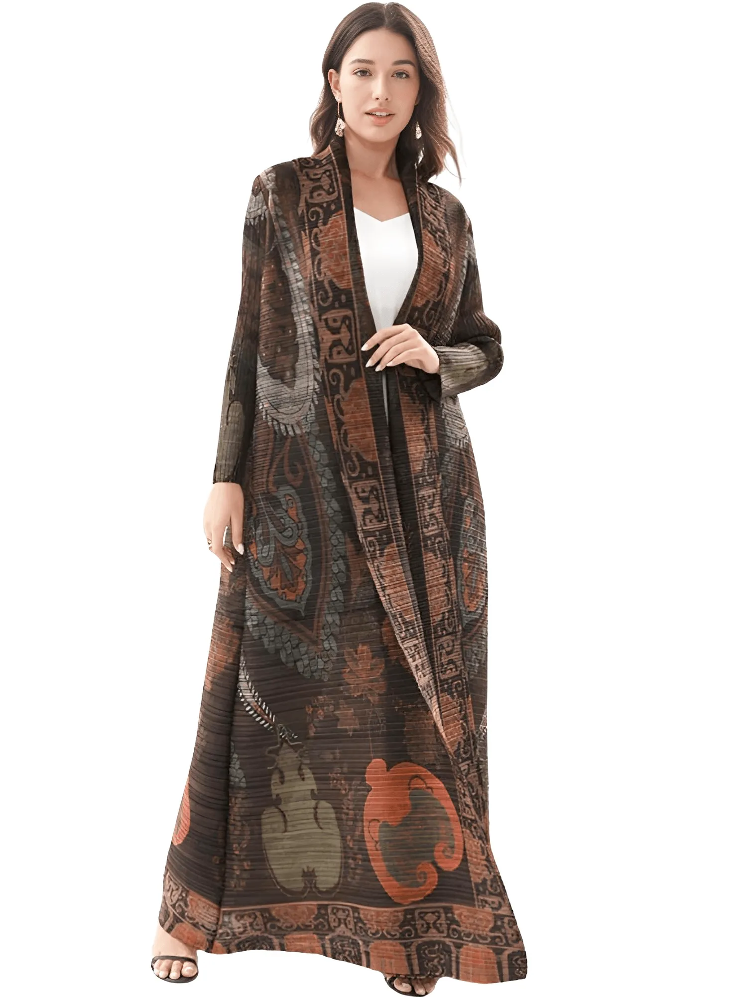 Pleated Vintage Long Jacket Women Printed Long Sleeve Designer New Dubai Style Plus Size Coats