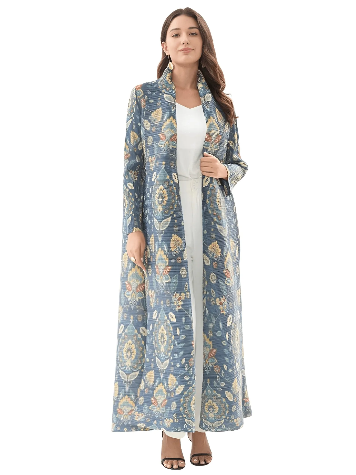 Pleated Vintage Long Jacket Women Printed Long Sleeve Designer New Dubai Style Plus Size Coats