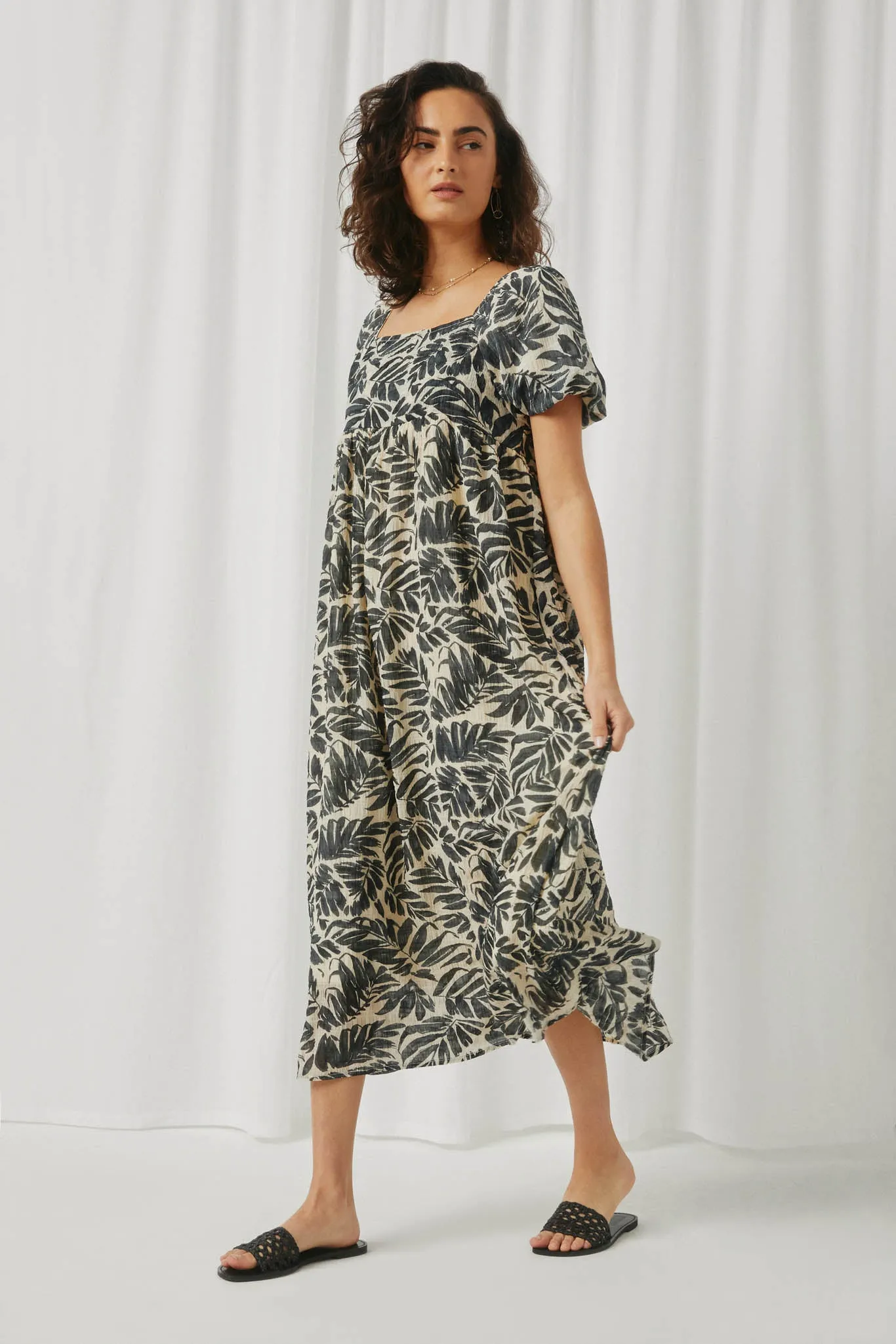 Puff Sleeve Botanical Print Square Neck Maxi Dress