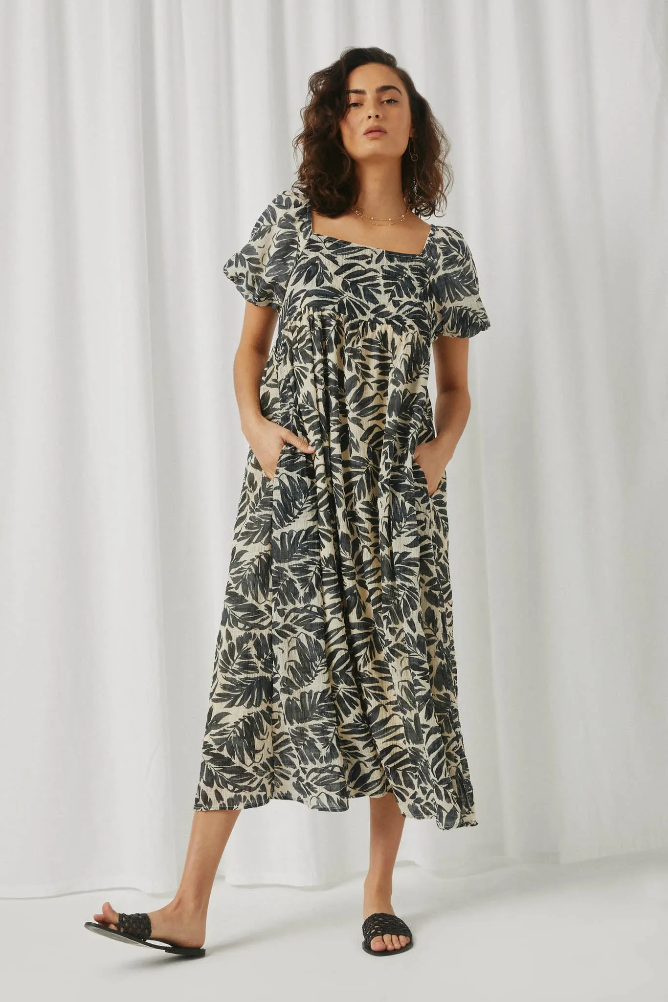 Puff Sleeve Botanical Print Square Neck Maxi Dress