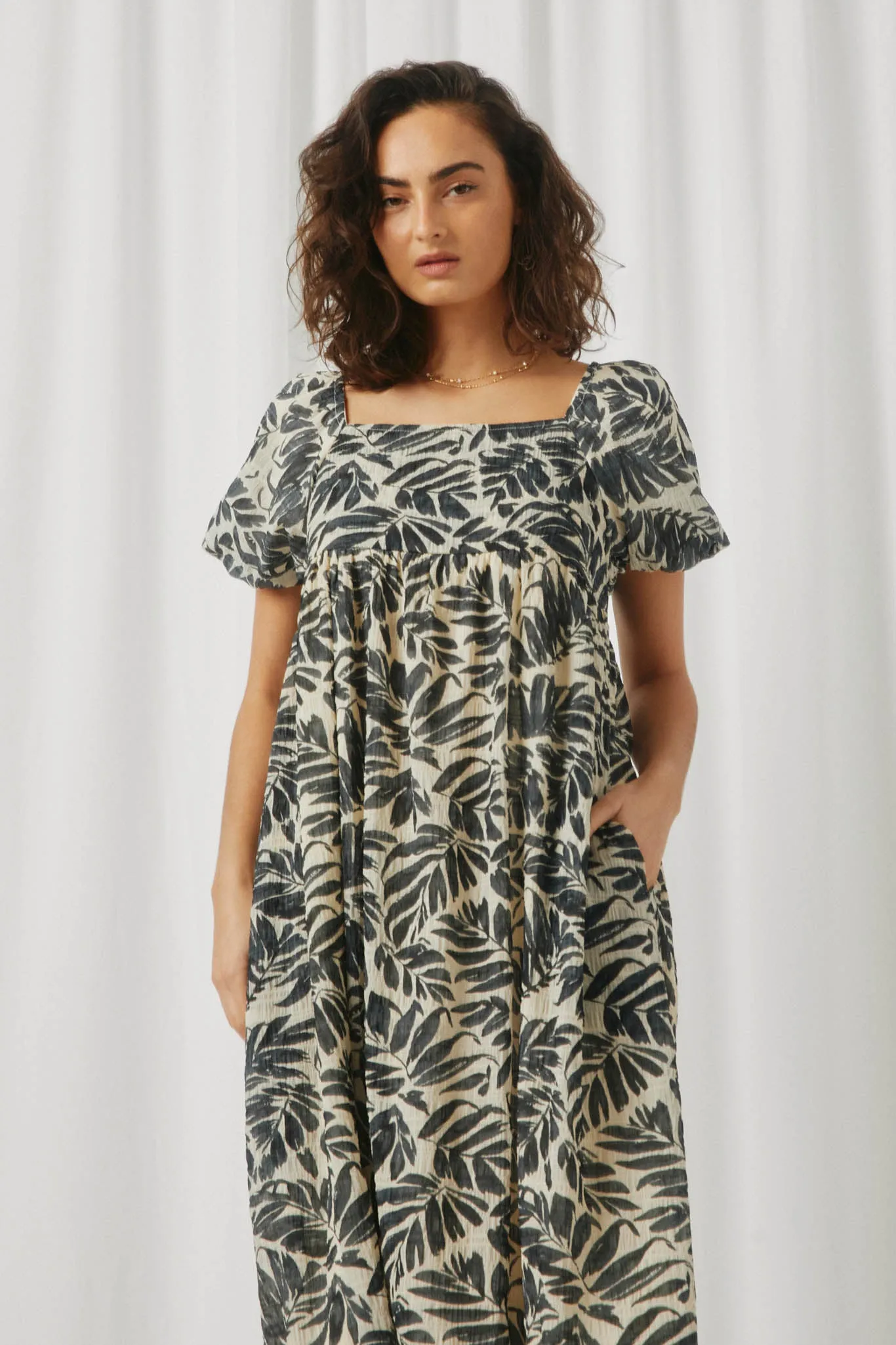 Puff Sleeve Botanical Print Square Neck Maxi Dress