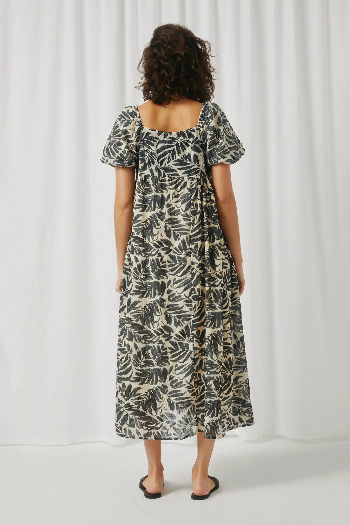 Puff Sleeve Botanical Print Square Neck Maxi Dress