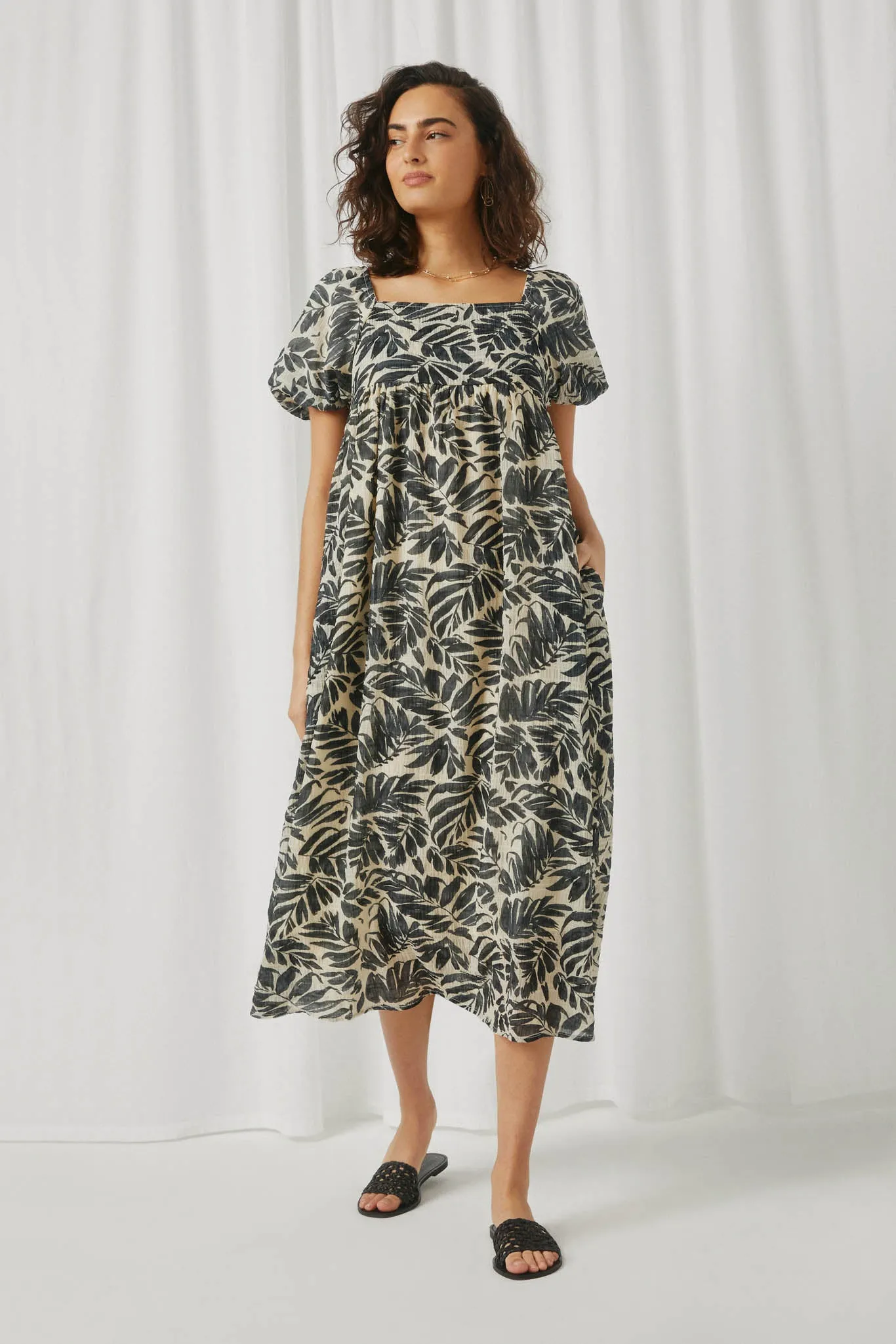 Puff Sleeve Botanical Print Square Neck Maxi Dress