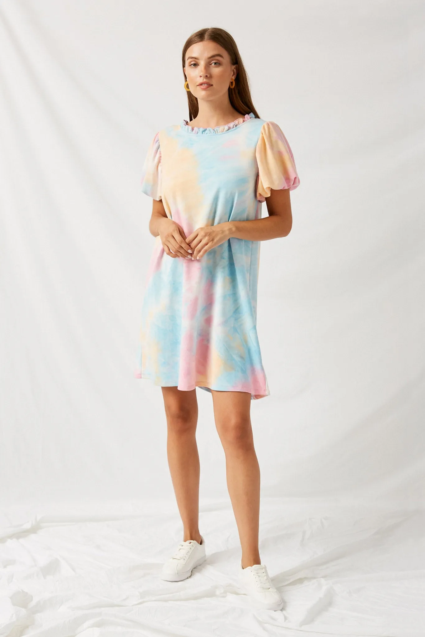 Ruffle Tye Dye Puff Sleeve Shirt Dress