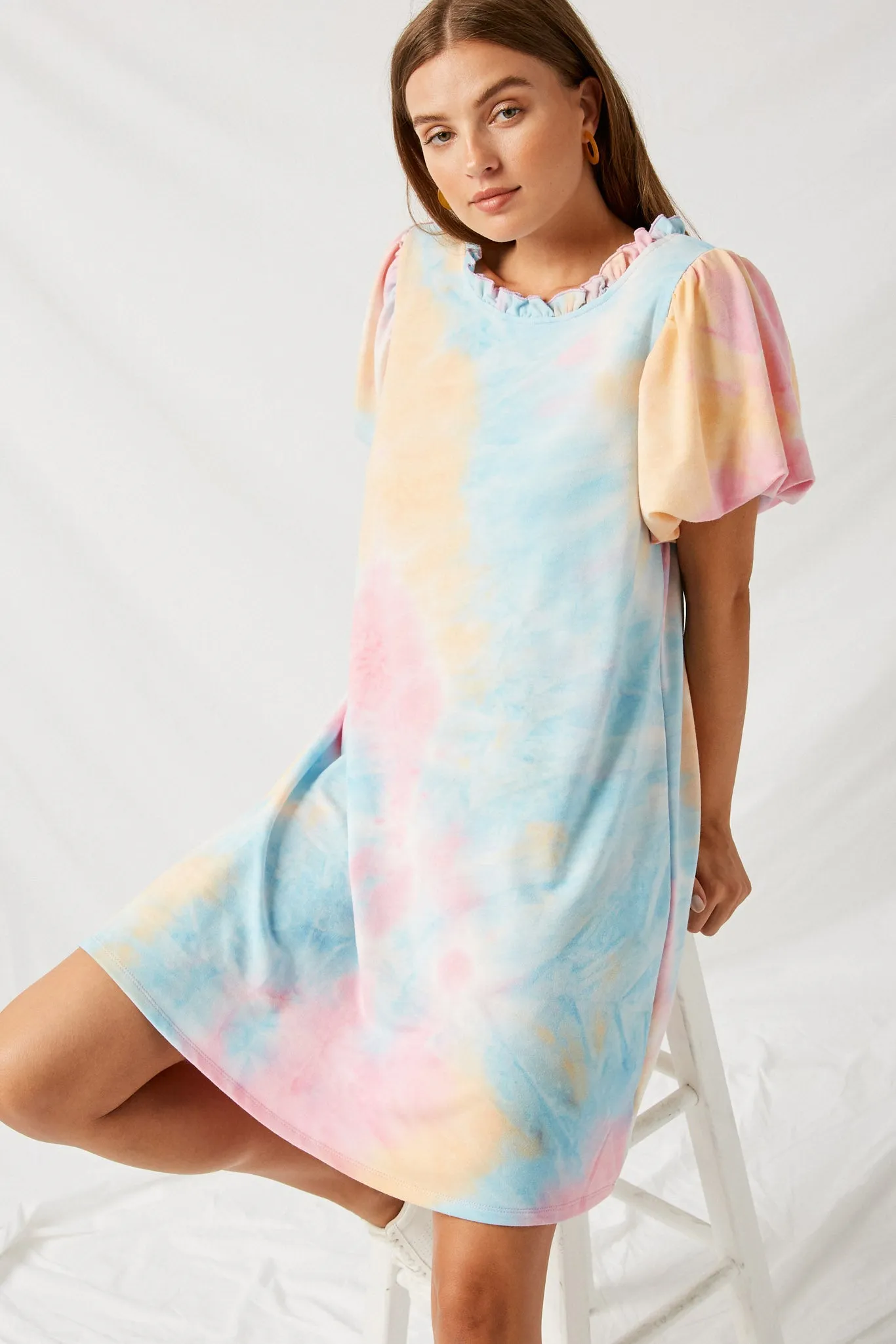 Ruffle Tye Dye Puff Sleeve Shirt Dress