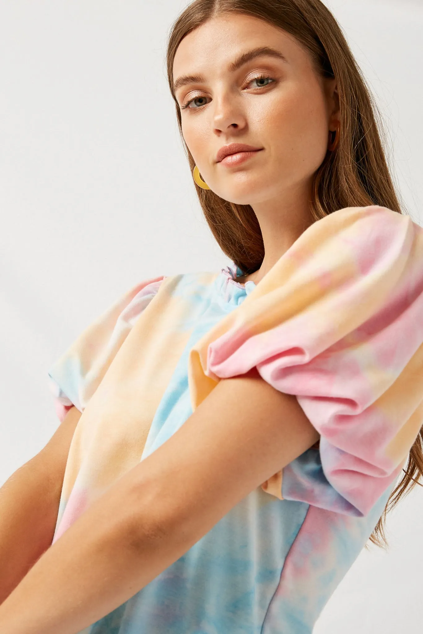 Ruffle Tye Dye Puff Sleeve Shirt Dress