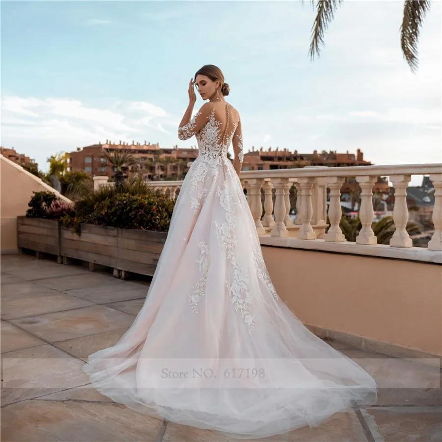 Sheer 3/4 Sleeves Floral Applique Blush Wedding Dress