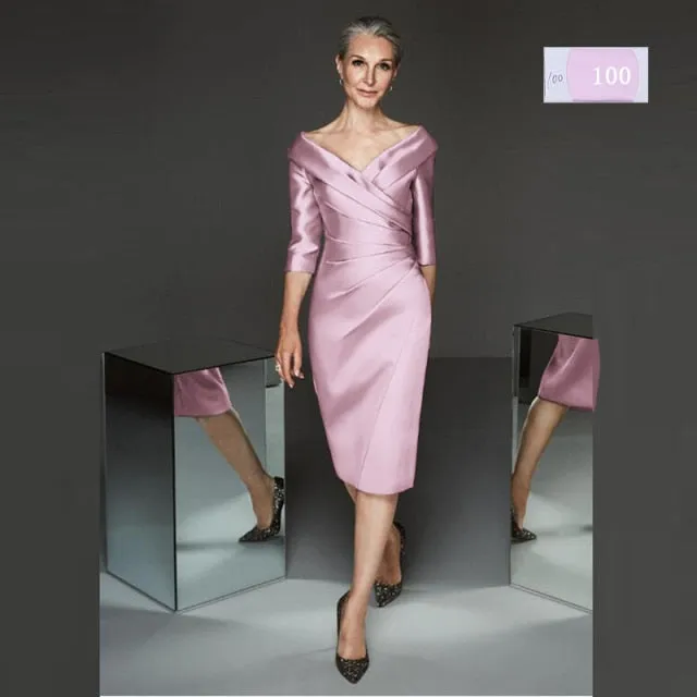 Simple Modern Sheath Lilac Satin Plunge V Neckline Mother Of the Groom/Bride Dresses