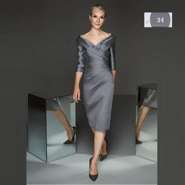 Simple Modern Sheath Lilac Satin Plunge V Neckline Mother Of the Groom/Bride Dresses