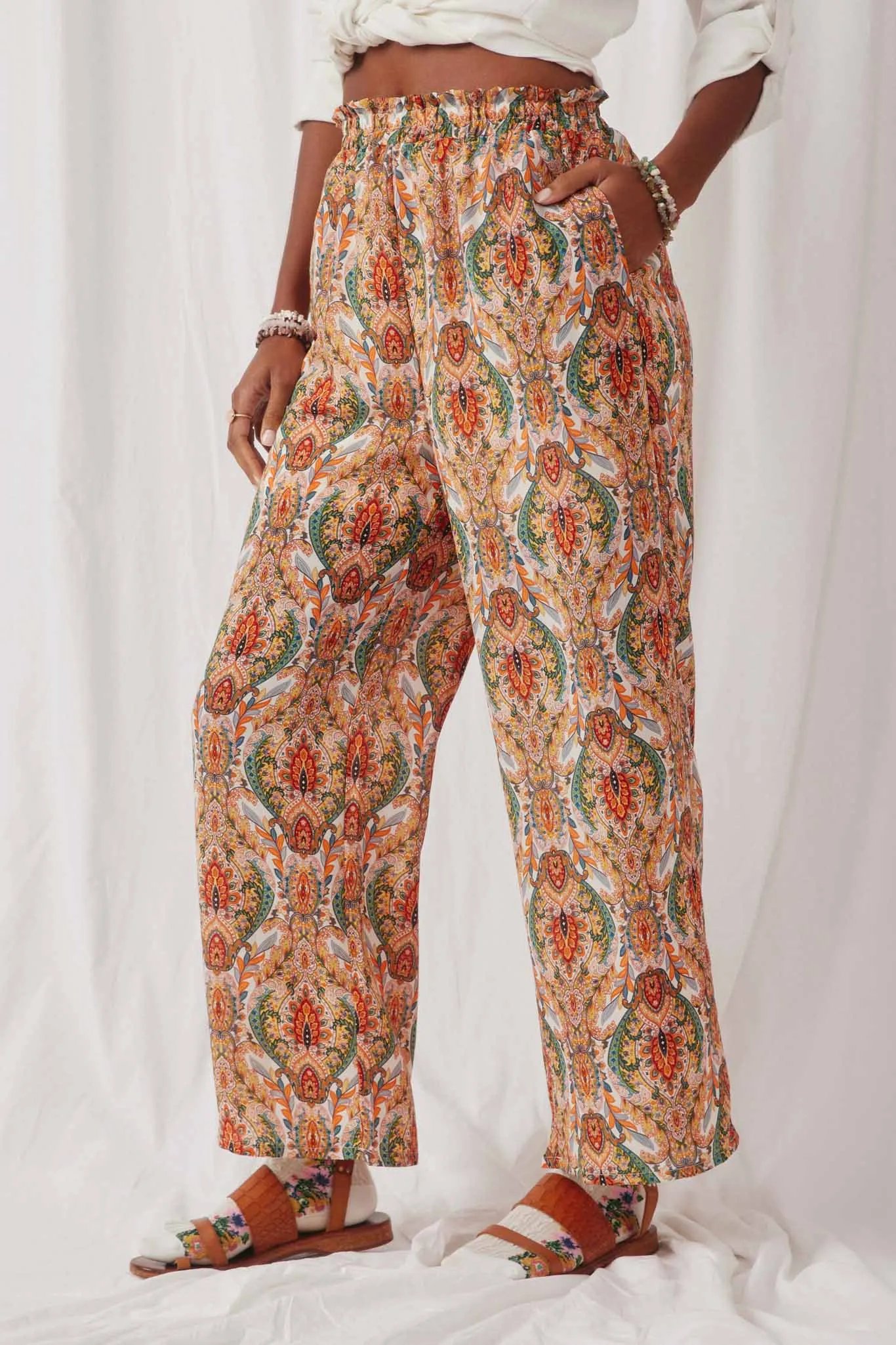 Smock Waist Paisley Print Wide leg Pants